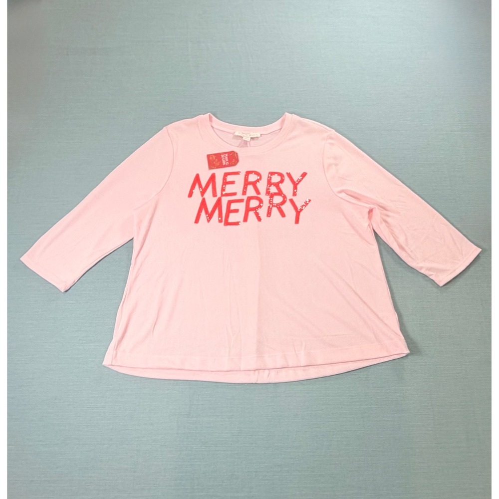 Magical Season Pink Merry Merry Sequin 3/4 Sleeve Holiday Top 1X NEW
